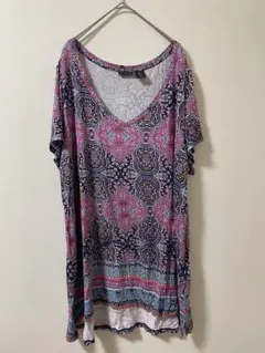 24時間以内発送　タハリ　パターン入りVネック半袖チュニック　L 1-103