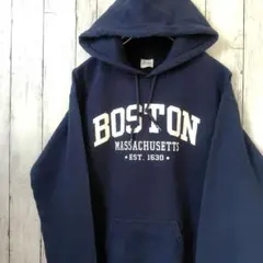 GILDAN BOSTON プリント カレッジ風 パーカー ネイビー M位 古着