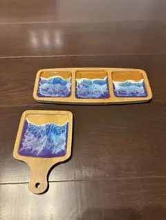 竹製 波模様 トレイと小皿 セット