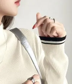 新品タグ付き袖W配色×ハイネックリブニットトップス