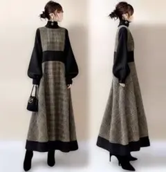 ロング　ワンピース　チェック　ハイウエスト　タートルネック　長袖　ぽわん袖　配色