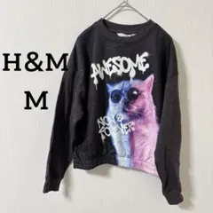 美品✨️エイチアンドエム【M】クルーネック 長袖 ネコ グラフィック 黒 綿 外出