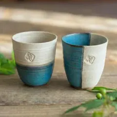 丹波焼 フリーカップ（湯呑）ペア｜青×白｜ギフト・縁起物に 2個セット