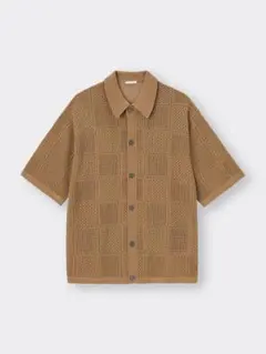 GU ウォッシャブルメッシュニットシャツ M ブラウン 5分袖