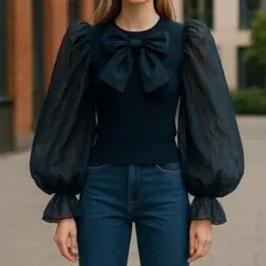 美品 グレイル トップス Sサイズ 白 シースルー リボン付 ニットシフォン