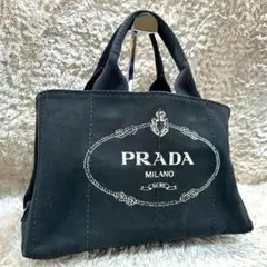 【美品】プラダ ハンドバッグ カナパL 三角ロゴ デニム ブラック