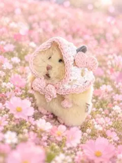 はむにぎり　ピンクのリボンのバブーシュカ　ぬい服　ハンドメイド