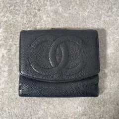 CHANEL シャネル キャビアスキン Ｗホック 二つ折り 財布 ココマーク 黒