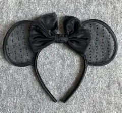 ディズニー　カチューシャ　 黒 ブラック レース　ドット　リボン　オーガンジー