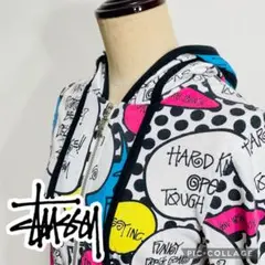 【送料無料】STUSSY ジップパーカー◎アメコミ ポップ 総柄 吹き出し