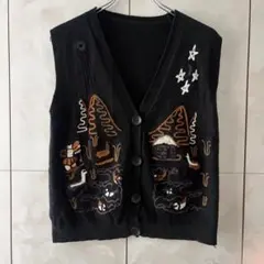 刺繍 ニット　ブラック 古着 レトロ ベスト