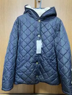 ブラックウォッチネイビー キルティング コート フード付き