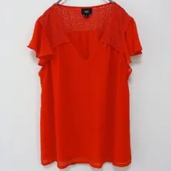 モッシモ レース ブラウス Vネック フリル袖 L オレンジ ポリエステル