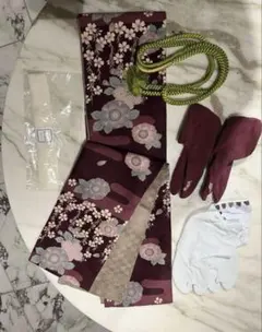 紫色赤系花柄　浴衣・帯・手袋・足袋セット