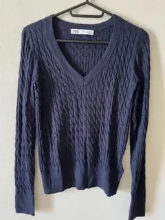 ZARA ネイビー ケーブルサマーニット Vネック
