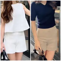 ホワイト・ベージュ ハイウエストショートパンツ　２色セット