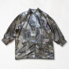 【レトロ】サテン ノーカラー オーバーシャツ ピンクボタン L 幾何学 Y2K