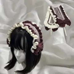 【 現品限り 】 編み物 かぎ針編み ヘッドドレス フリル リボン 赤 白