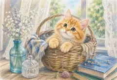 バスケットの中の子猫 デジタルアート イラスト ポストカード