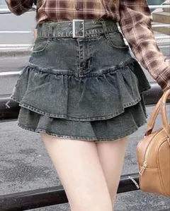 ｛限定値下｝ベルト付きデニムフリルミニスカパン