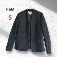 H&M ノーカラージャケット S ネイビー ストライプ ウール混 ボタンレス