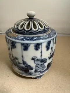 【古美術】明治期 再興九谷 染付賢人図 三足香炉 透かし蓋 / 道八風写し