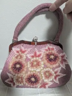 (29)ビーズ刺繍 花柄 ピンク ハンドバッグ 昭和レトロ