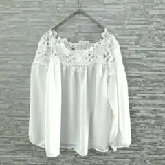 ジュメイイピン　レース刺繍　ホワイトブラウス L長袖　夏　ガーリー　シースルー