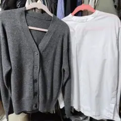 【美品】無印 カーデ シャツ 2点セット ブラウス オフィス ウール グレー長袖