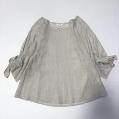 美品 grove グローブ ストライプブラウス ベージュ系 M リボンスリーブ