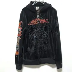 Ed Hardy ベロアパーカー M 虎 黒 刺繍 ジップ レディース メンズ