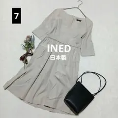 1951ꕤイネド 5分袖Vネックフレアワンピース【7】ベージュ フォーマル 上品