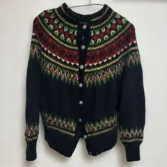 ヴィンテージ ノルディック柄 ニットカーディガン 黒 古着