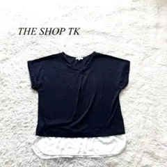 E4【ザショップティーケー】レイヤード風Tシャツ　半袖　Ｖネック　ネイビー　L