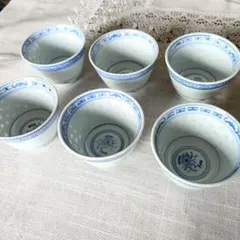 中国景徳鎮 ホタル蛍焼き 透かし 染付湯呑 コップ 6客 6セット