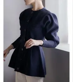 【美品】regleam ペプラムニットカーディガン　ネイビー　ウォッシャブル