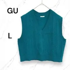 【GU】コットンブレンドコンパクトニットベスト Lグリーン　ショート丈Vネック
