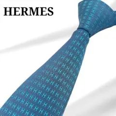 【美品】HERMES エルメス　ネクタイ　ファソネ　青　ジャガード　H柄 美品 エルメス ネクタイ ハイブランド H柄 ファソネ 光沢 ジャガード