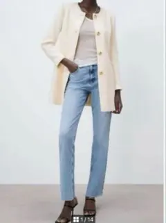 美品✨ZARA ザラ　金ボタン　ツイード　ノーカラージャケット　ロング丈　M