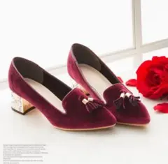 ラグジュアリービジューヒールオペラパンプス 23cm ワインレッド