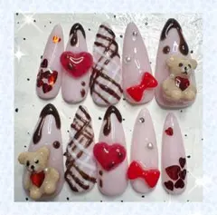 バレンタイン　クマ　ネイルチップ ロング③ ポイント 標準サイズ