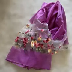 【新品未使用】タイ製　紫　オーガンジー　花柄刺繍　大判　羽衣ショール　ストール