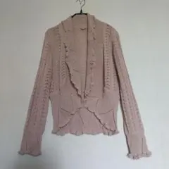 フリル付き 編み模様 ニット カーディガン 長袖 ベージュ