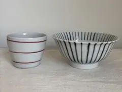 十草模様呉須千筋飯碗と赤絵蕎麦猪口のセットのサムネイル