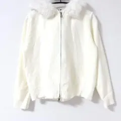 新品 ファー付き ニットパーカー ホワイト ファー ダブルジップパーカー 秋冬
