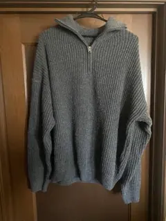 グレー ハーフジップ リブ編みセーター　nugu