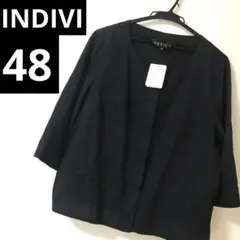 ★タグ付★ INDIVI ノーカラー　ジャケット　48　ブラック　大きいサイズ