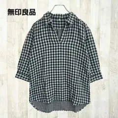 無印良品 七分袖シャツ プルオーバー M 紺 ネイビー チェック スキッパー 綿