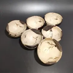 Y2-1/黒織部風/志野焼/唐草文向付6客/抹茶碗/茶碗/懐石道具/懐石料理