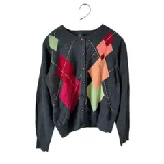 【大人可愛い】アーガイル柄 刺繍 ニットカーディガン レトロ配色 グレー L相当